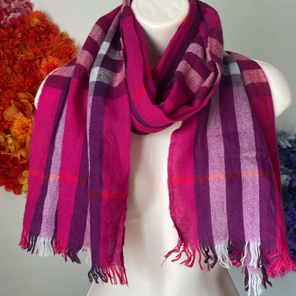 Burberry lightweight check plaid wool silk blend scarf pink & purple